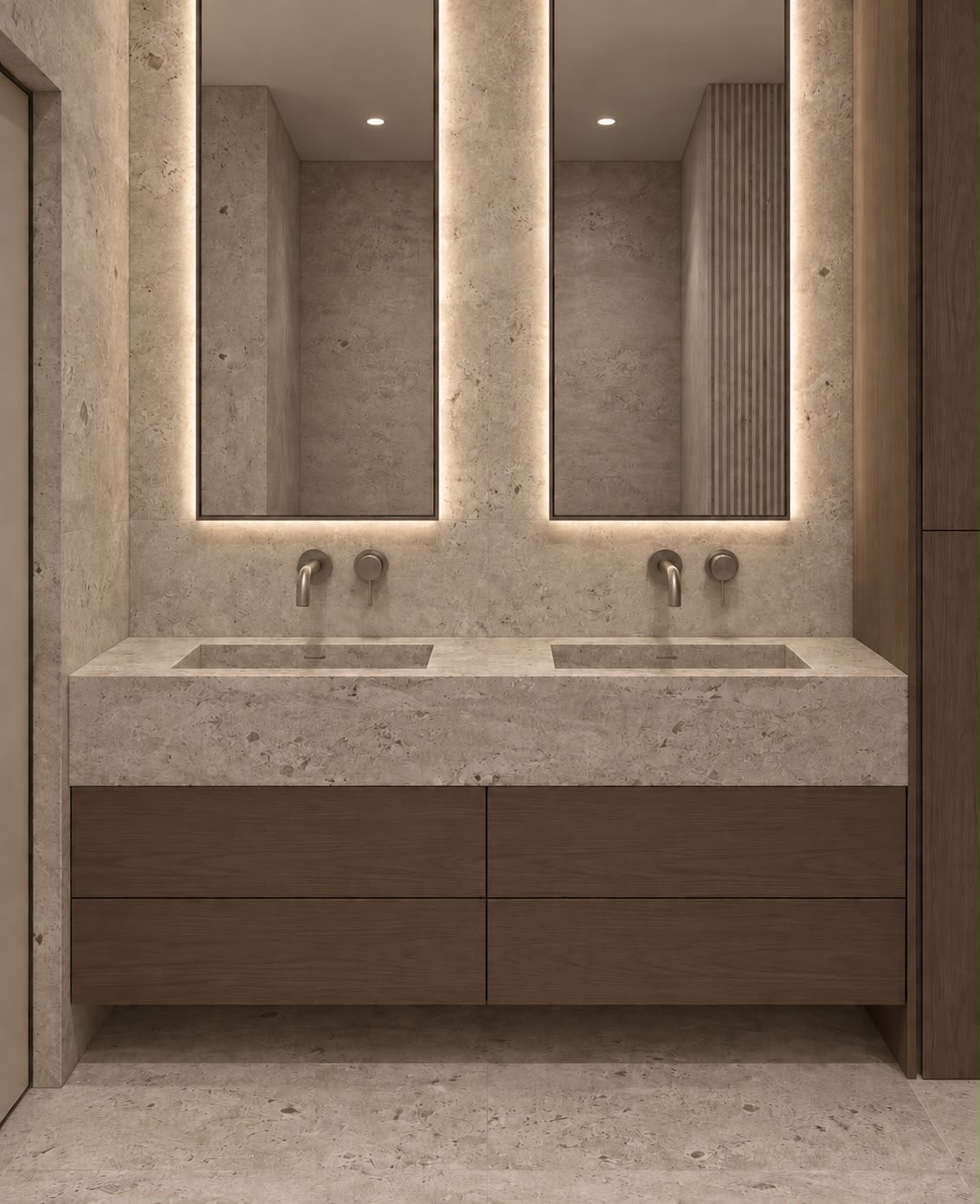 A bathroom: a double travertine vanity, two backlit mirrors, bronze-toned wall taps and walnut drawers. Render.