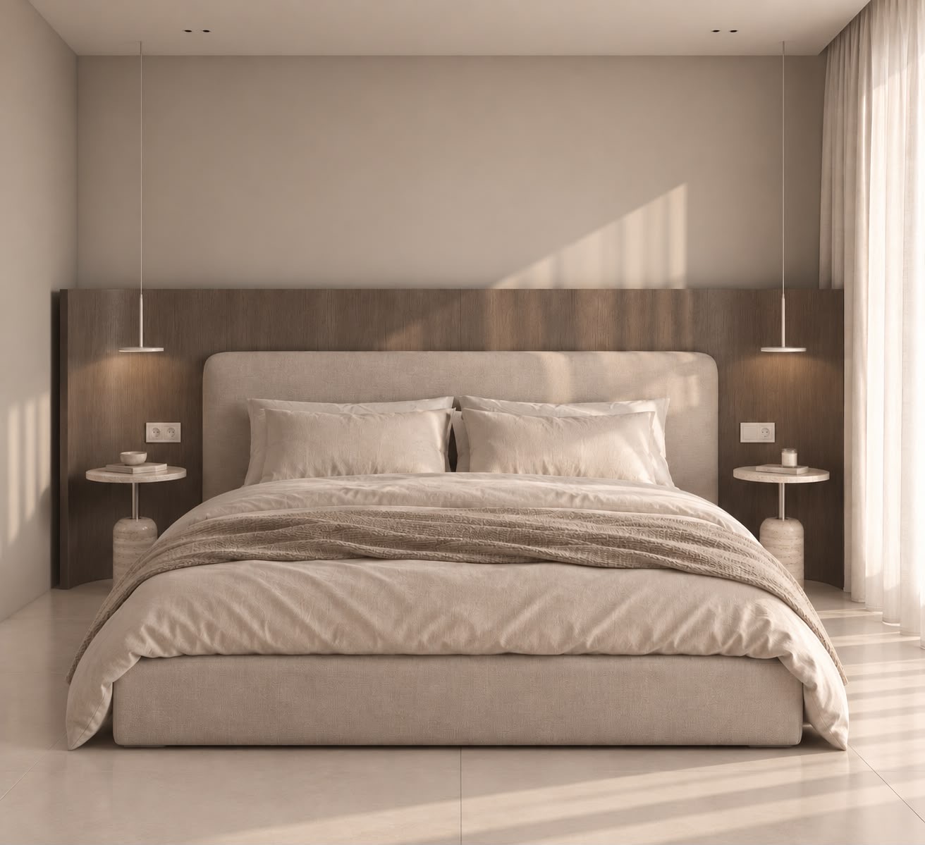 A bedroom: an upholstered bed against a dark-oak wall that curves at its ends, travertine side tables, pendant lights and a sheer curtain. Render.