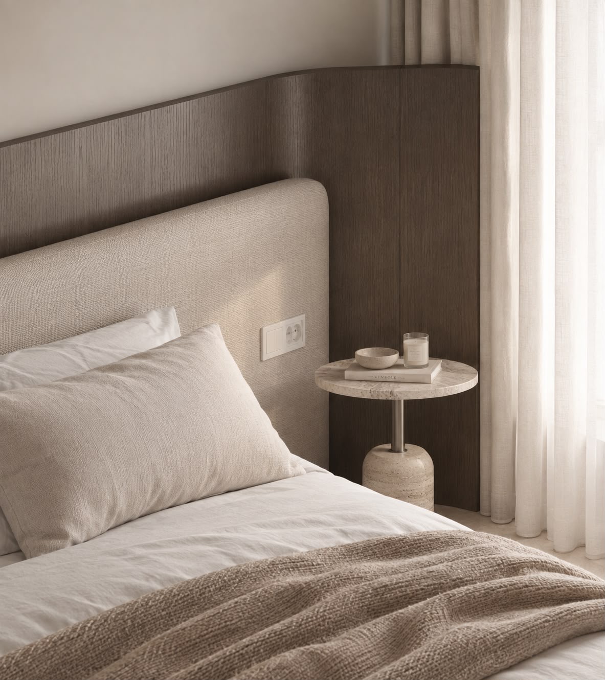 A linen headboard, a curved dark-oak panel and a travertine side table. Render.
