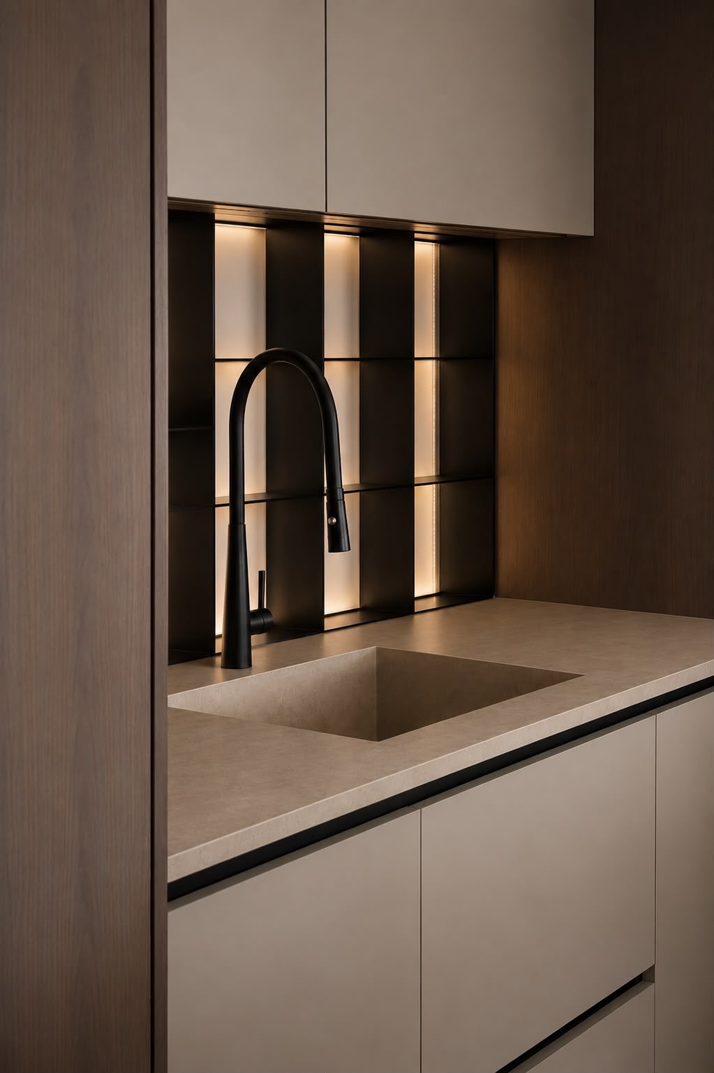 A kitchen corner: dark oak, greige lacquered cabinets, an integrated stone sink, a matte-black tap and dark metal shelving lit from behind. Render.