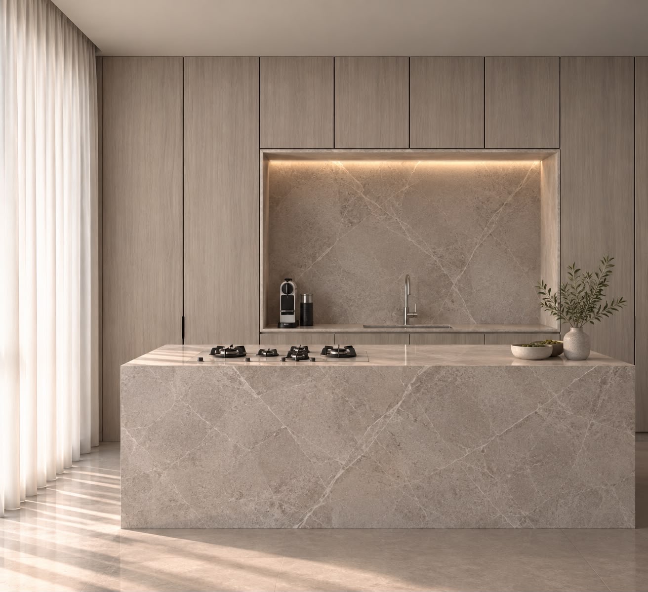 A frontal view of a kitchen: a veined-stone island with a gas cooktop, floor-to-ceiling light-oak cabinetry, a lit niche backed in stone and a sheer curtain to the side. Render.