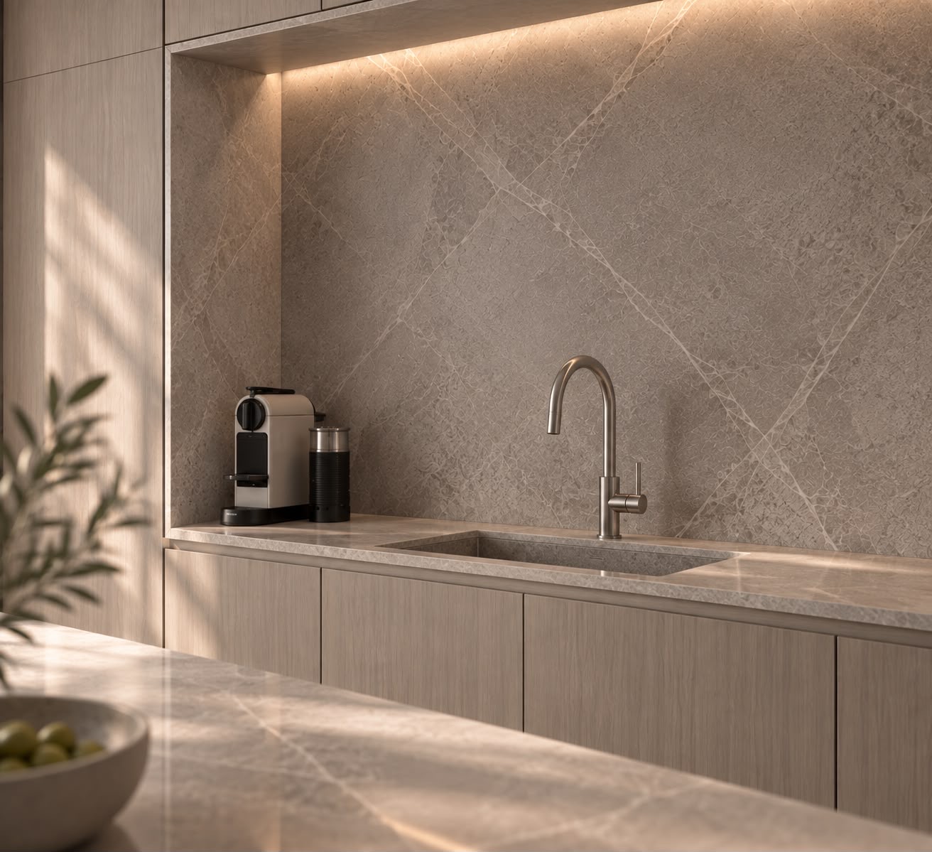 A veined-stone splashback in a lit niche, a brushed-steel tap and an undermount sink. Render.