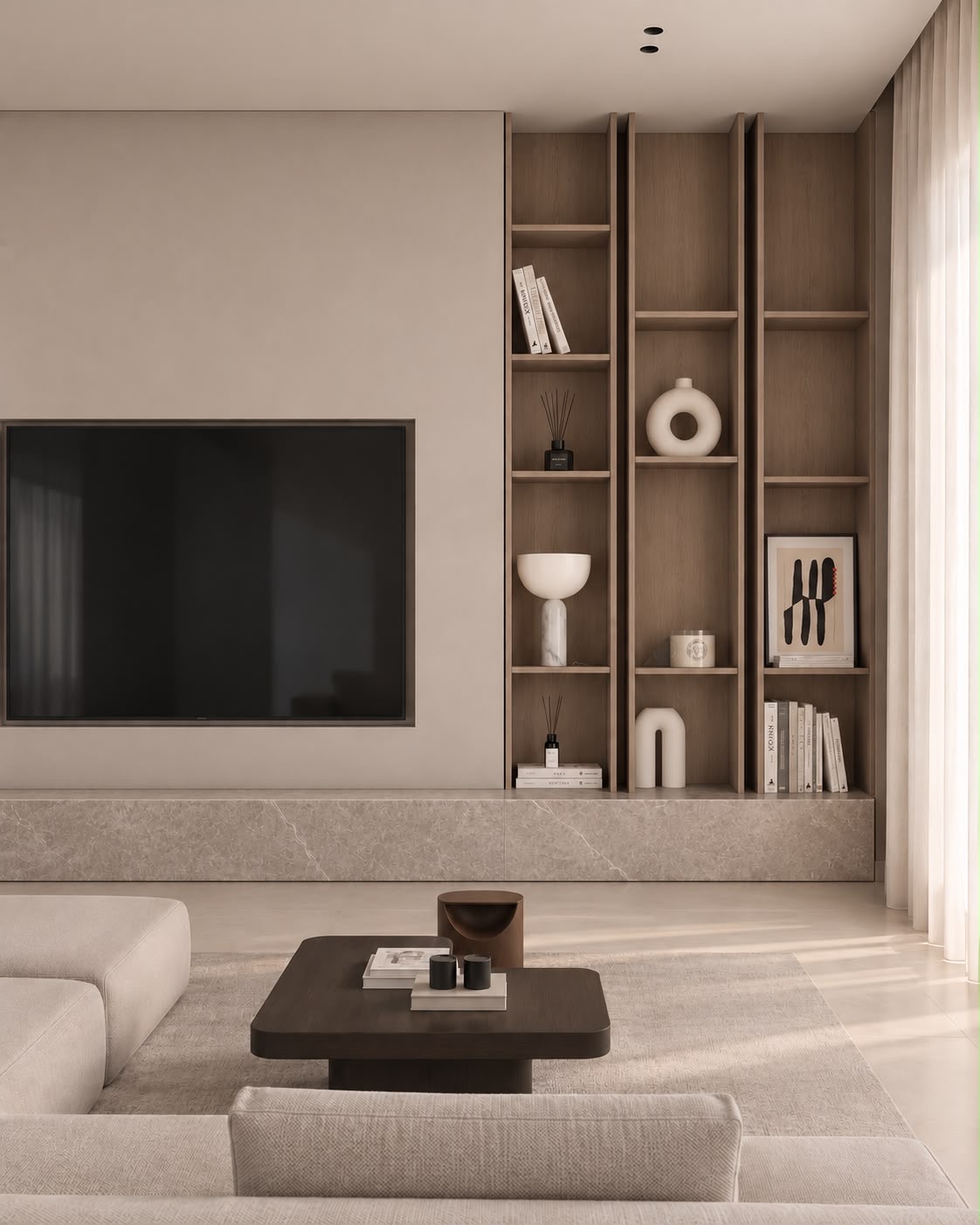 A living room: a TV set into a plaster wall, oak shelving with ceramics and books, a stone plinth along the whole wall and a dark-oak coffee table. Render.