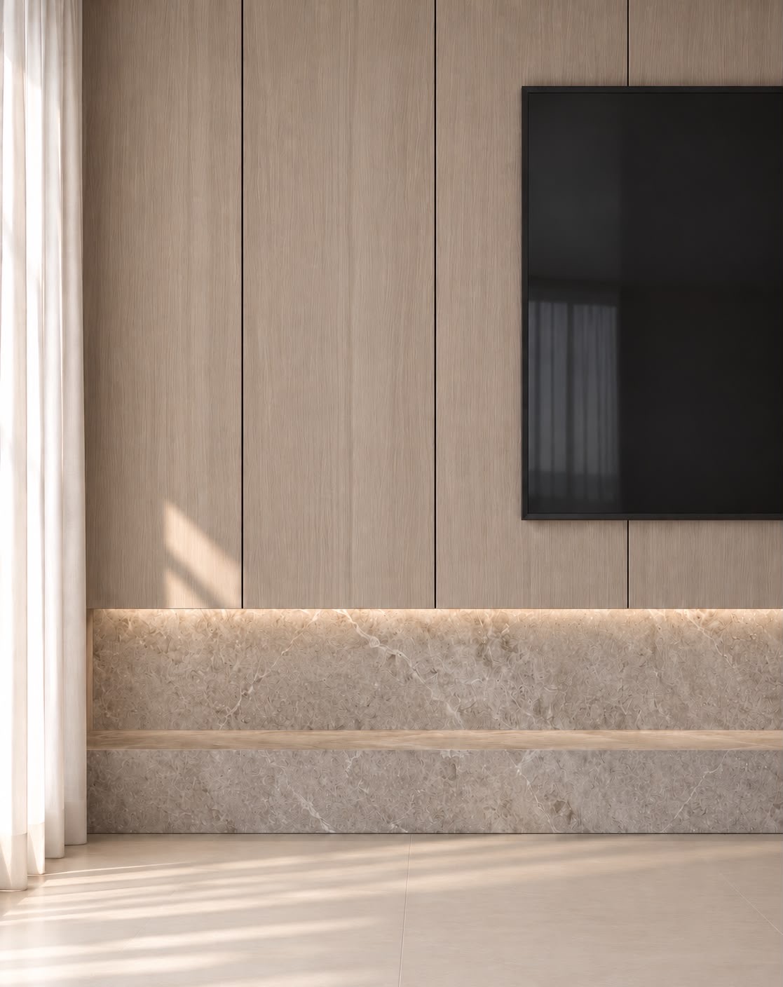 A light-oak paneled wall with a TV, above a stone plinth with a hidden line of light and a sheer curtain. Render.