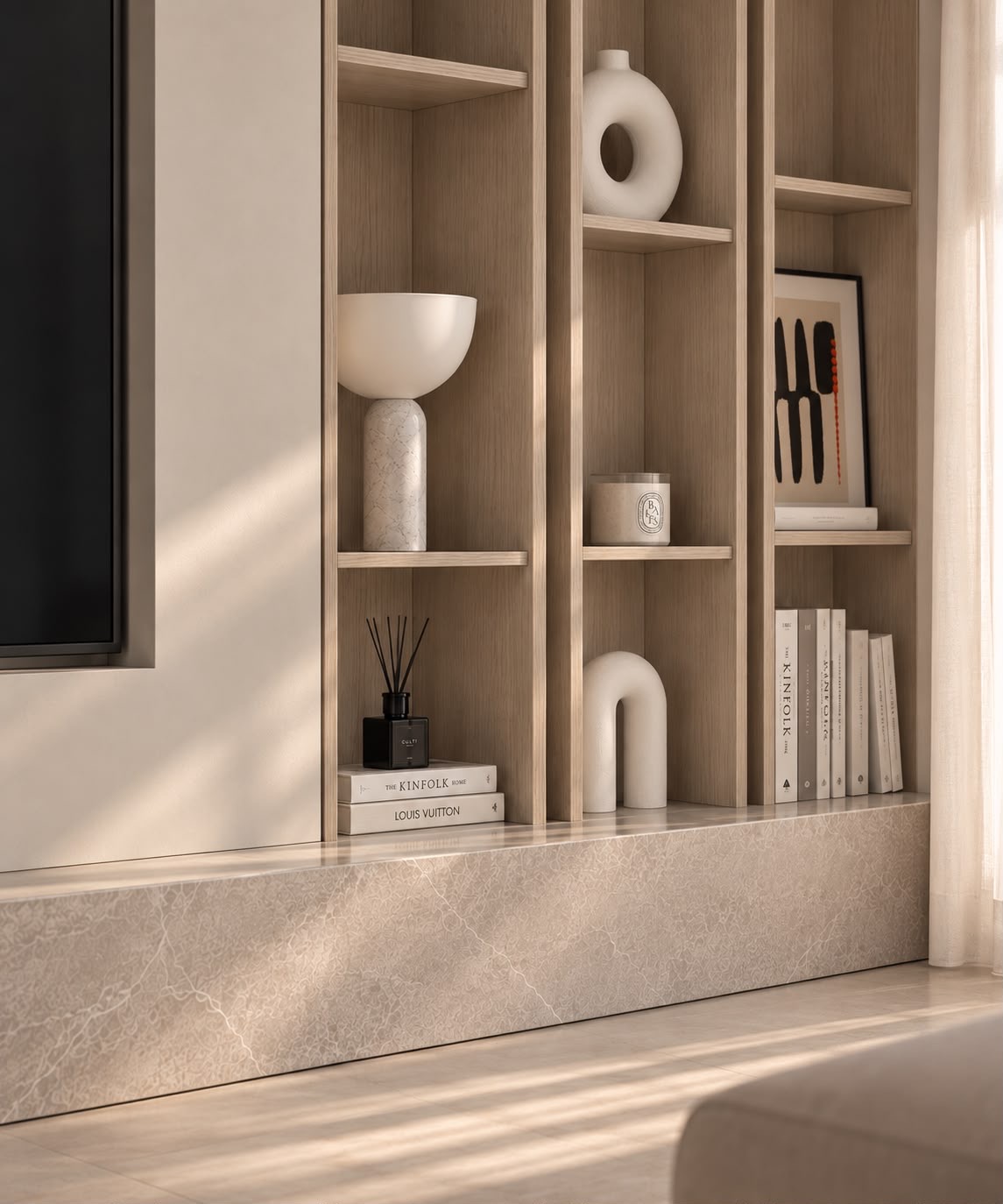 Light-oak shelving with ceramics, books and afternoon light. Render.