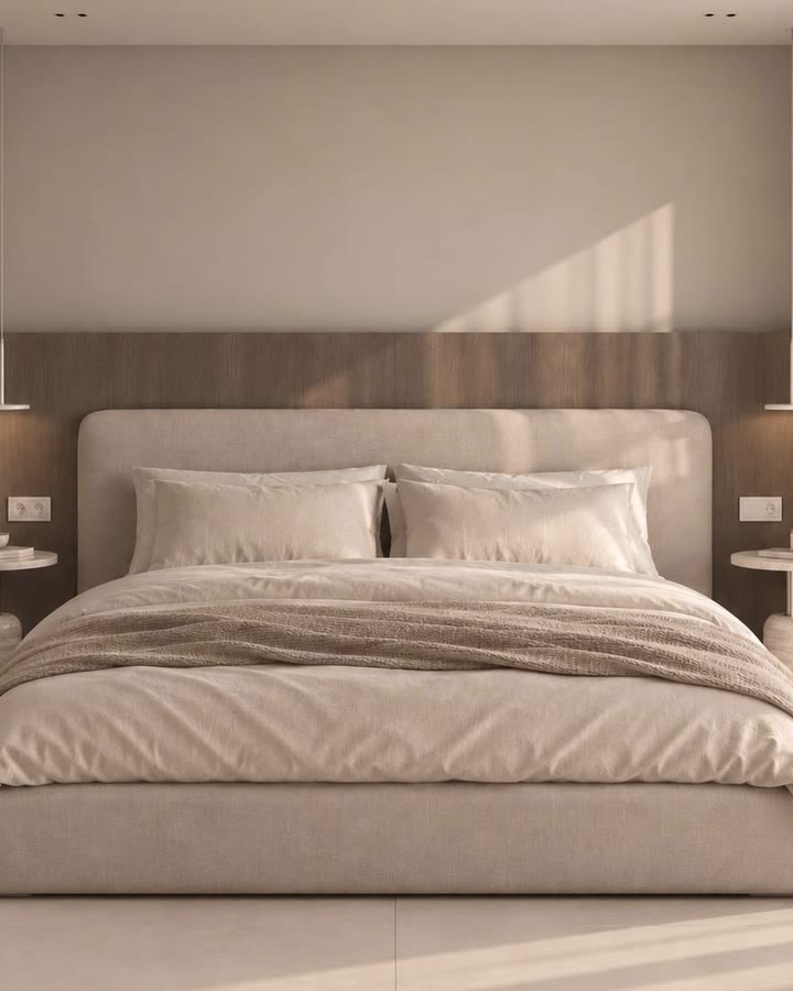A short film from the bedroom visualizations: the bed, the wood wall and the side table.