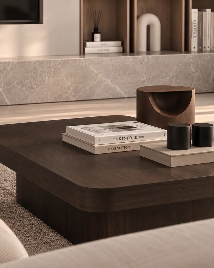 A short film from the living-room visualizations: the paneling, the shelves and the coffee table.